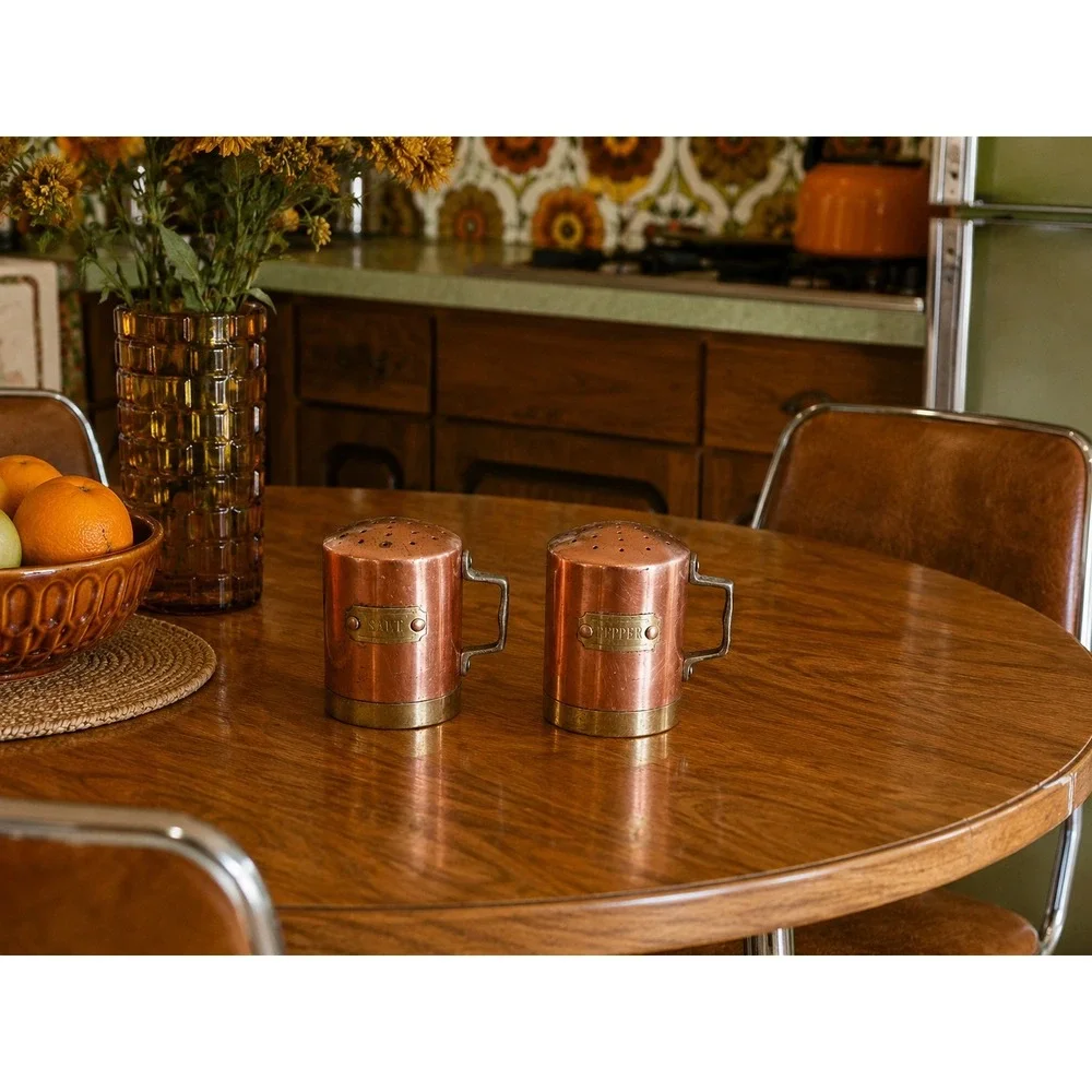 Vintage Copper &‎ Brass Salt & Pepper Shakers Set, Handle, Kitchen Decor